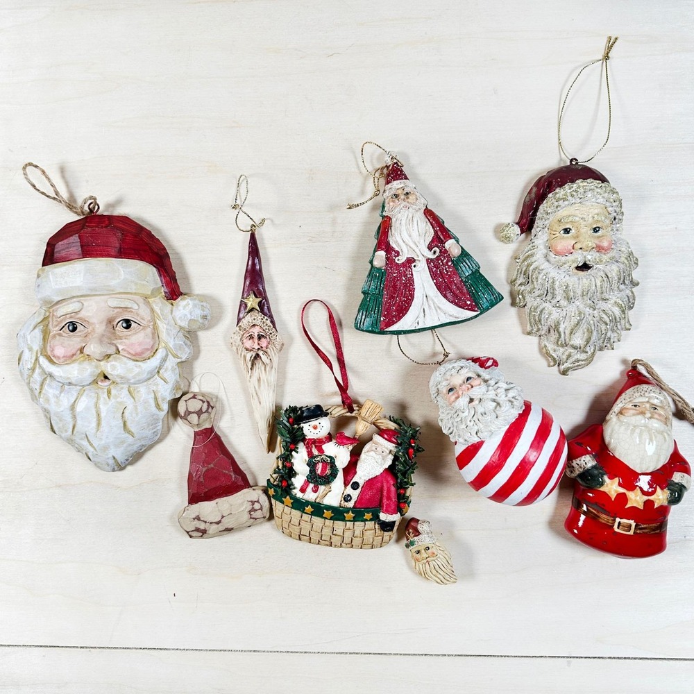 Lot of Vintage Santa Ornaments Christmas 9 pcsCeramic Wood Adler Mumm